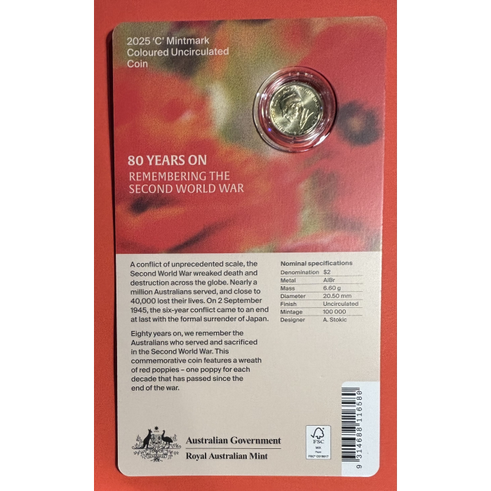 2025 $2 “C” MINT Coloured Uncirculated Coin  - 80 Years On Poppy Wreath