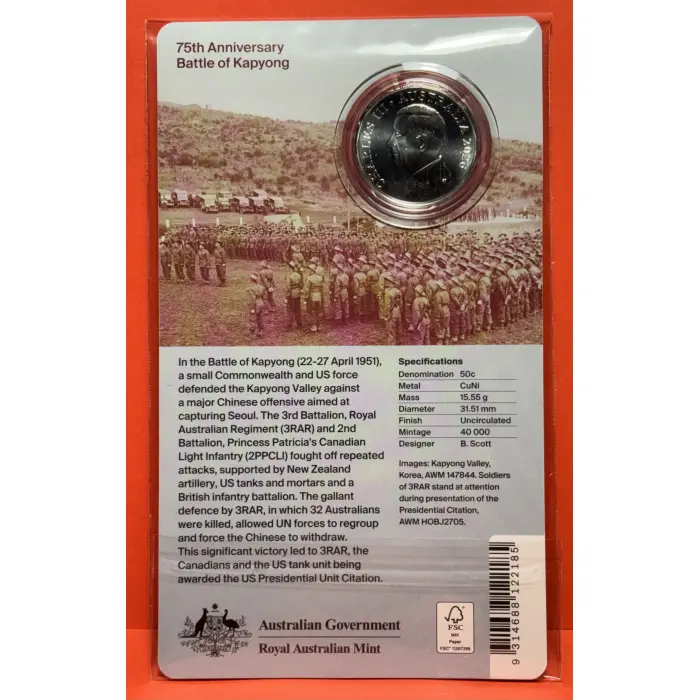 2026  .50c Battle of Kapyong 75th Anniversary Uncirculated Coin on Large Card