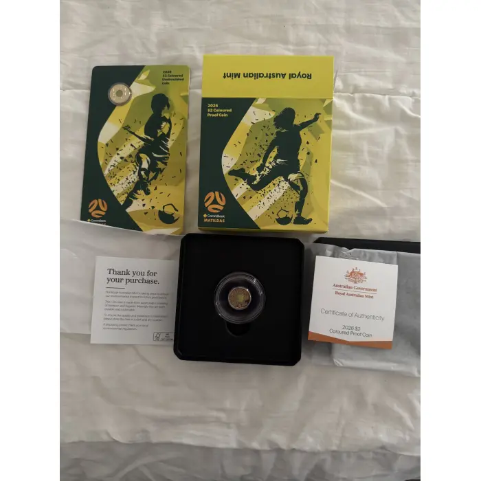 2026 MATILDAS $2 COLOURED  PROOF COIN  No. 6039 +  2026 $2 “C” uncirculated card