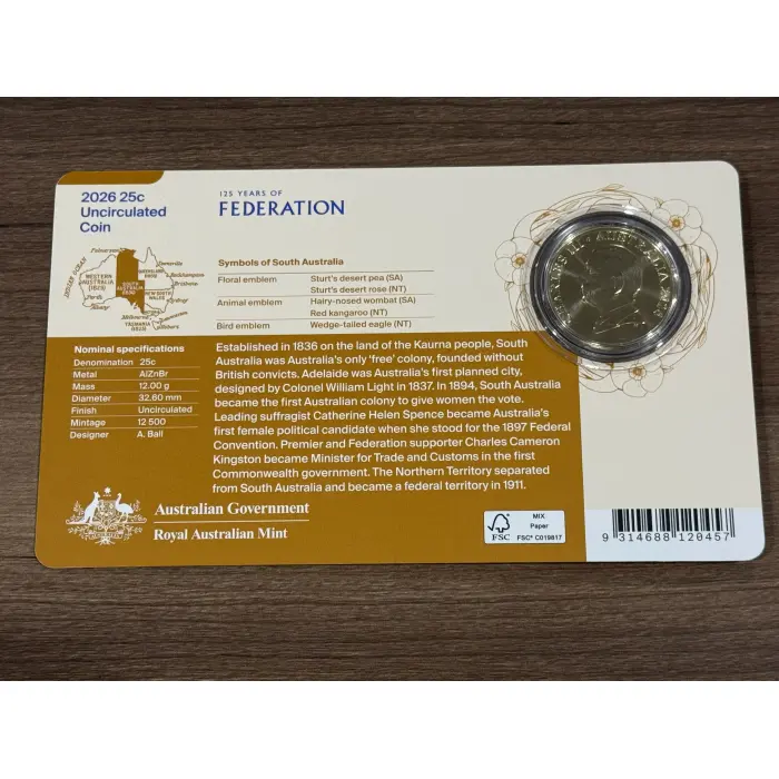 2026 25c Uncirculated Coin – 125 Years of Federation – SA