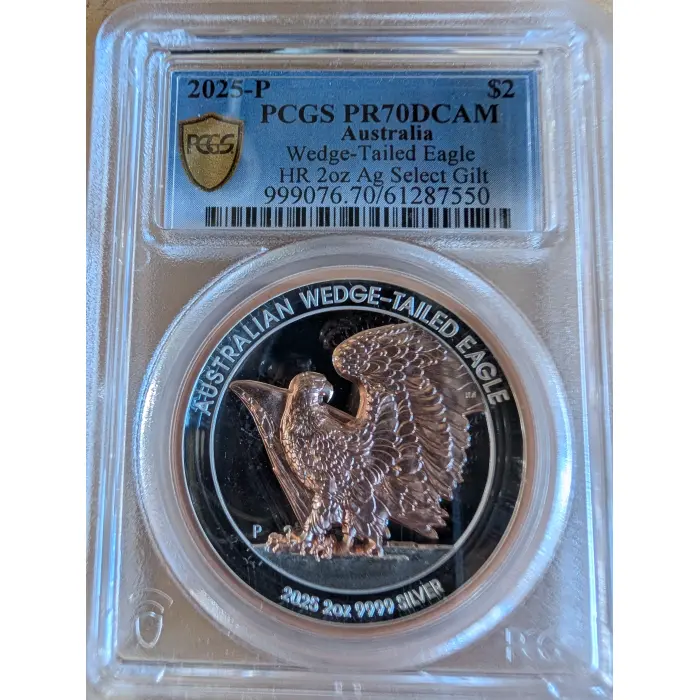 2025 $2 2oz Silver Wedge-Tailed Eagle (Gilt) TOP POP PR70 Cert #61287550