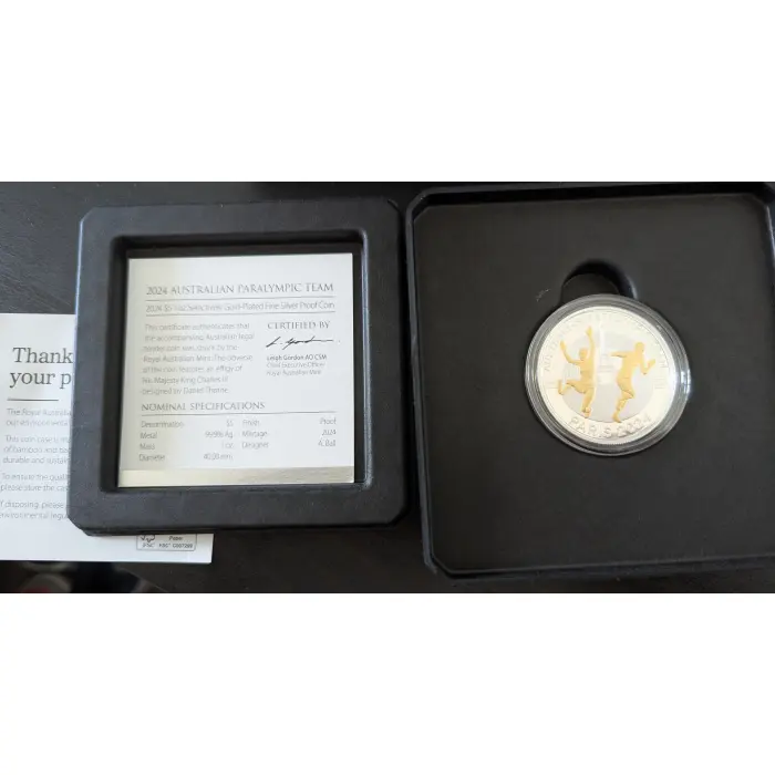 2024 $5  –  1oz Silver, Gold-Plated Australian Paralympic Team only 2,024 minted
