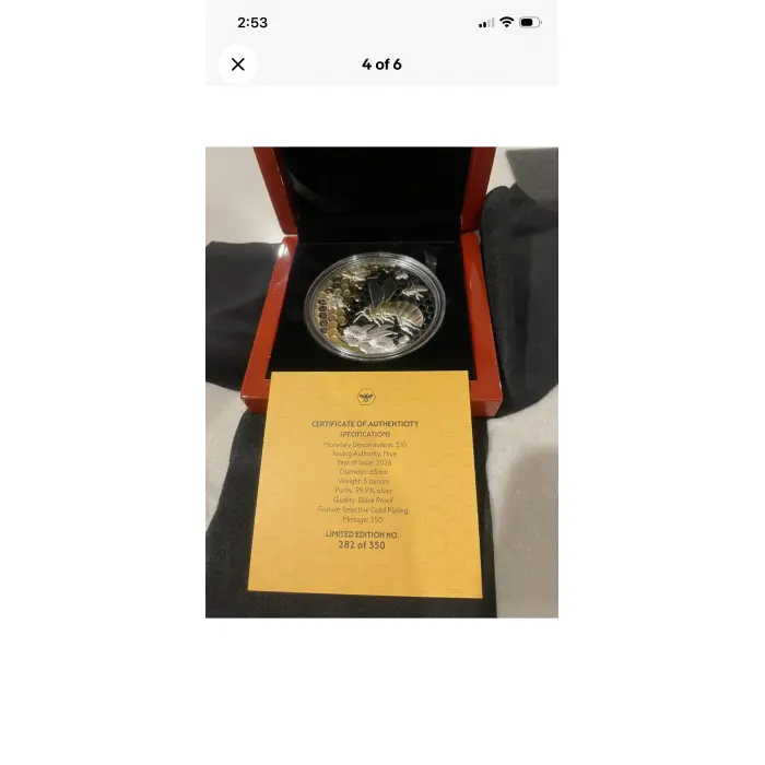 2026 Niue Honey Bee 5oz Black Proof Silver Coin - Gold Gilded - Mintage 350 - IN