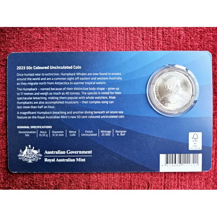 🐋 2023 Fifty Cent 50c Aust Antarctic Territory  Humpback Whale  Unc Coloured 💦