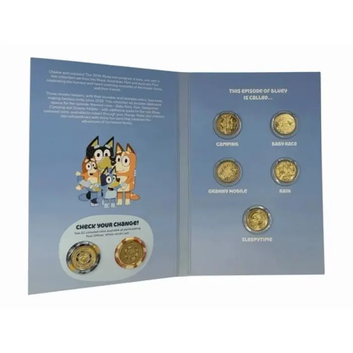 2026 Bluey Full Set 7 x $2 Coins - 5 In OPENED tube & 2 coloured till coins