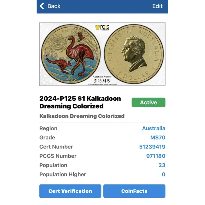 2024 Kalkadoon Dreaming PCGS MS70 Graded $1 Coloured Coin *TOP POP   