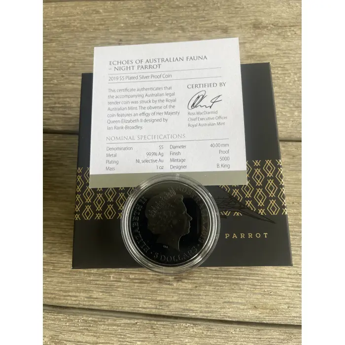 RAM 2019 Silver Proof $5 Coin Echoes of Australian Fauna - Night Parrot