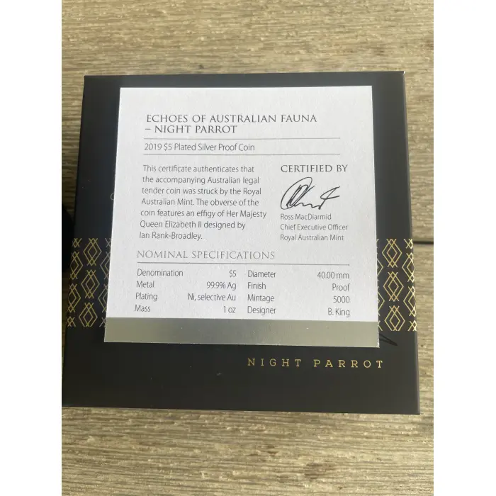 RAM 2019 Silver Proof $5 Coin Echoes of Australian Fauna - Night Parrot