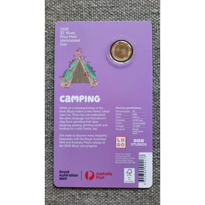 2026 Bluey Camping $2 Privy Mark Carded Coin