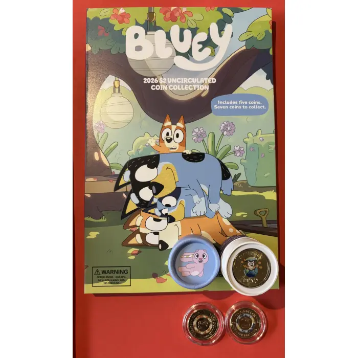 2026 Bluey Folder/Tube/Till Coins - 7 Coins Including. **COLOURED SLEEPYTIME