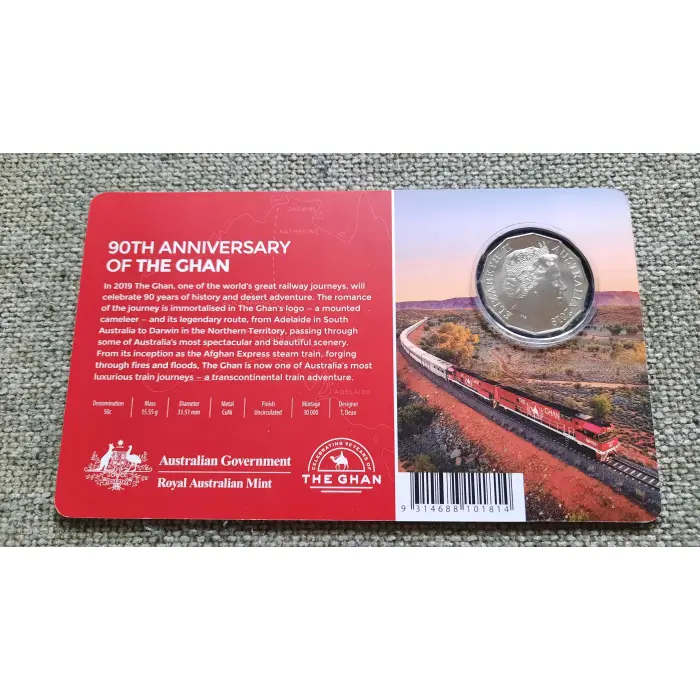 2019 Celebrating 90 Years of The Ghan UNC coloured 50 cents Carded Coin