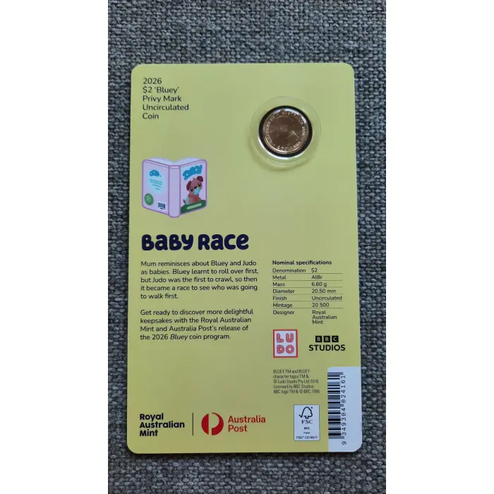 2026 Bluey Baby Race $2 Privy Mark Carded Coin