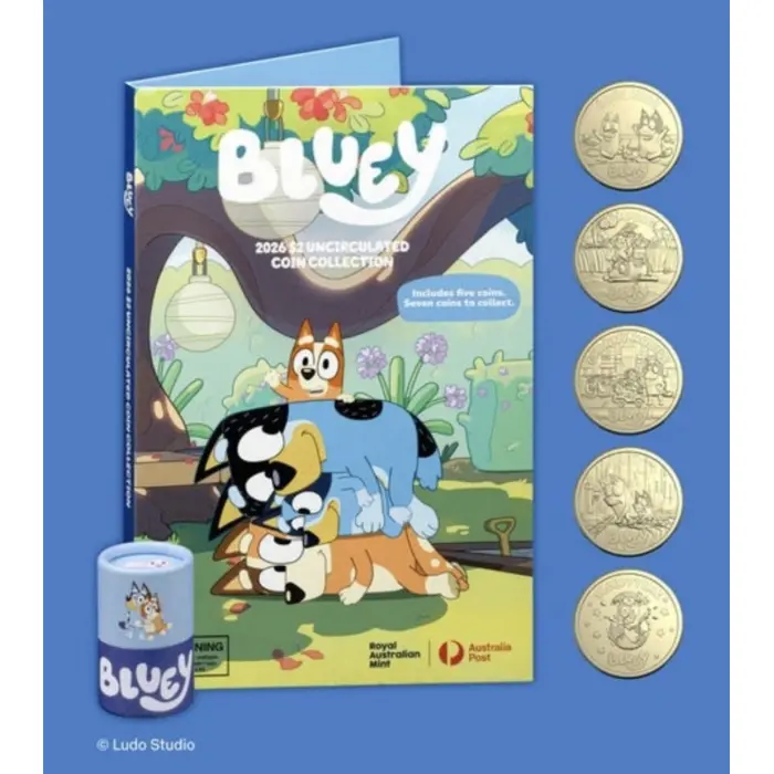 2026 Bluey Coin $2 UNC Collector Folder and 5 Coin in Sealed Tube 