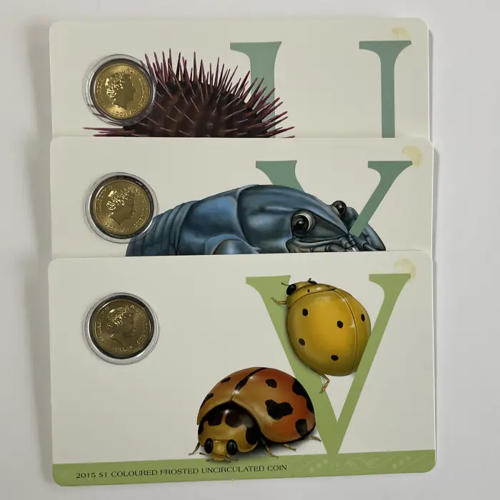Set of 3 2015 $1 Aussie Alphabet Colour Frosted UNC Coins Inc U, Y, & V 