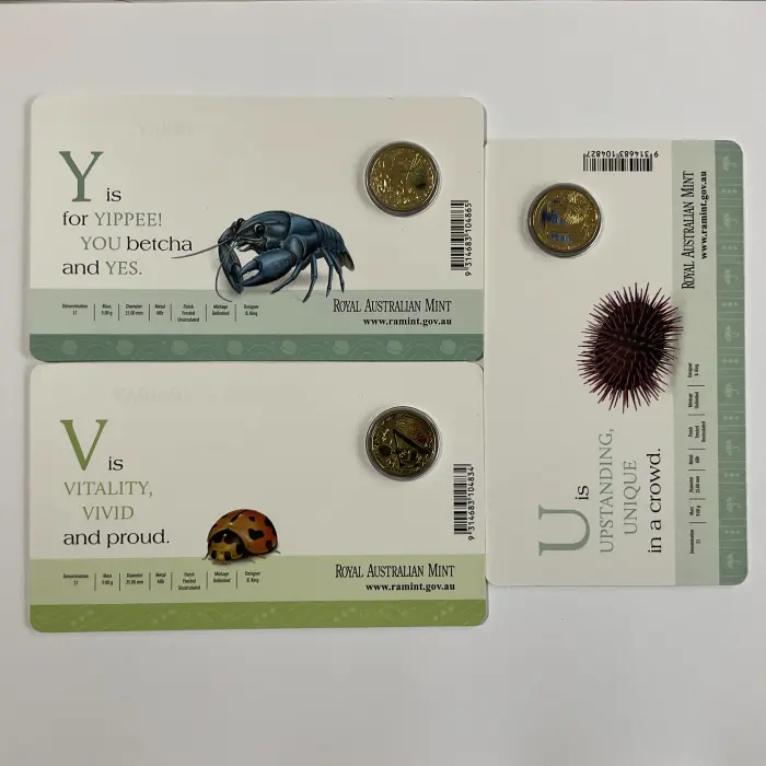 Set of 3 2015 $1 Aussie Alphabet Colour Frosted UNC Coins Inc U, Y, & V 