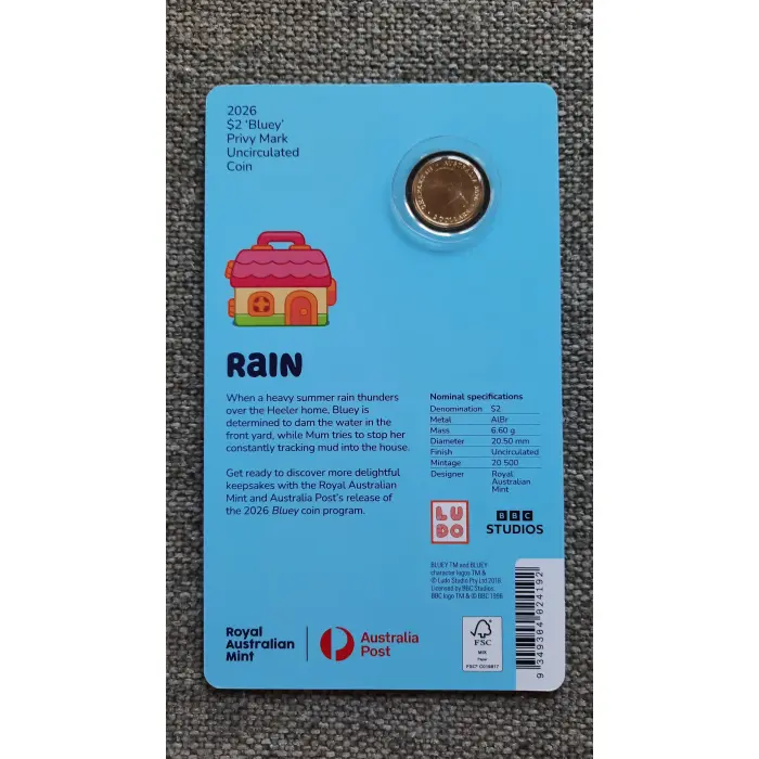 2026 Bluey Rain $2 Privy Mark Carded Coin