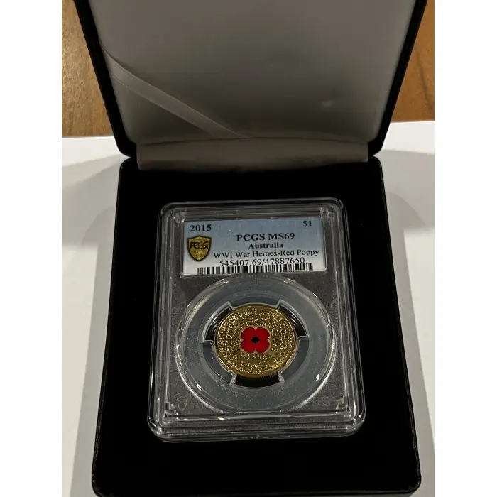 2015 $1 WW1 WAR HEROES RED POPPY COLORIZED PCGS MS69  TOP POP!!!!! 