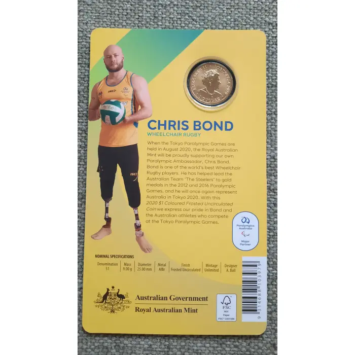 2020 Australian Paralympic Team - Ambassador Chris Bond $1 Coloured Coin on Card