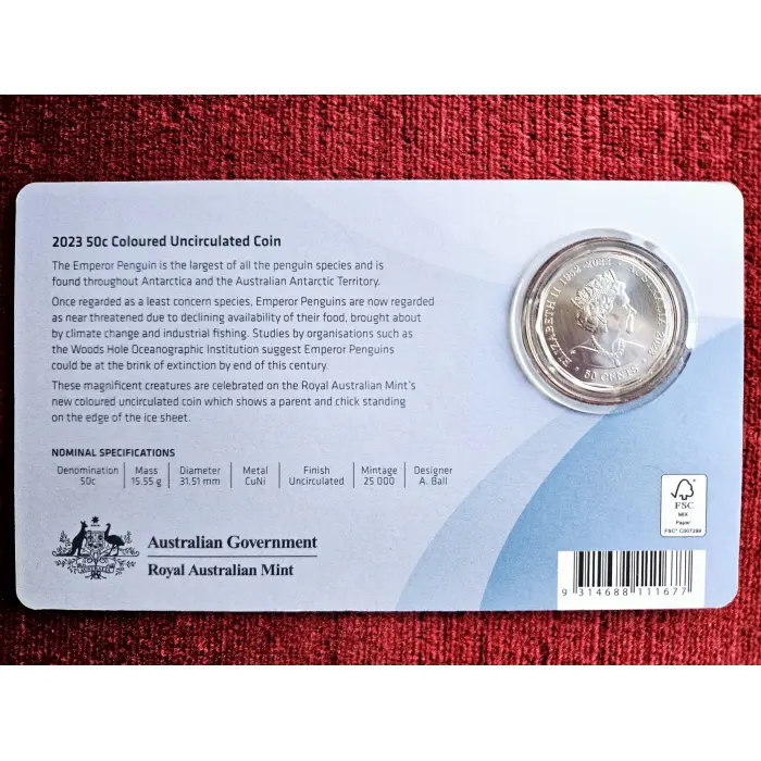 🐧 2023 Fifty Cent 50c Aust Antarctic Territory Emperor Penguin Unc Coloured 💦