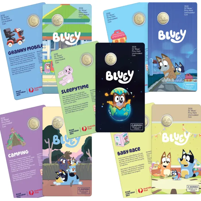 2026 Full Set of Bluey Privy Mark UNC $2 Coin in Card Set of 5
