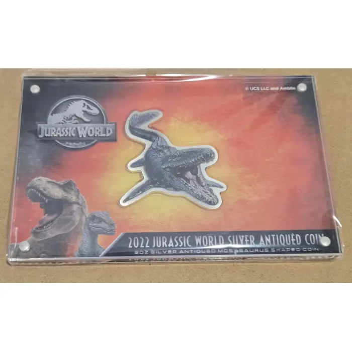 2022 Jurassic World 2oz Silver Antiqued Mosasaurus Shaped Coin