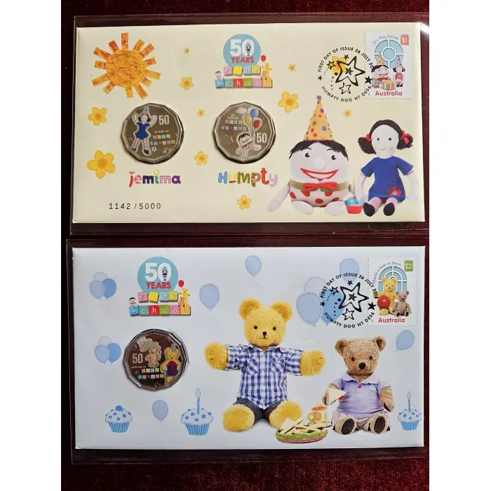 2016 50c 50 Years of Play School x 2 PNCs -  Jemima, Humpty, Big Ted - 3 Coins  