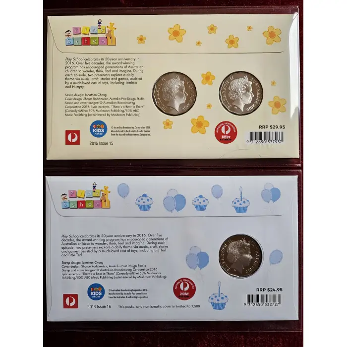 2016 50c 50 Years of Play School x 2 PNCs -  Jemima, Humpty, Big Ted - 3 Coins  