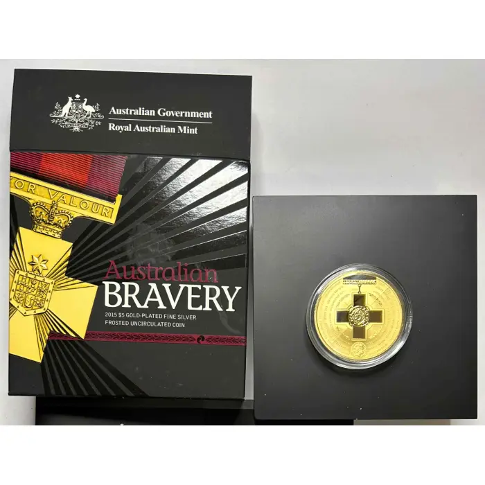 Australian Bravery. For Valour.  2015 $5 Gold Plated Frosted Silver Coin