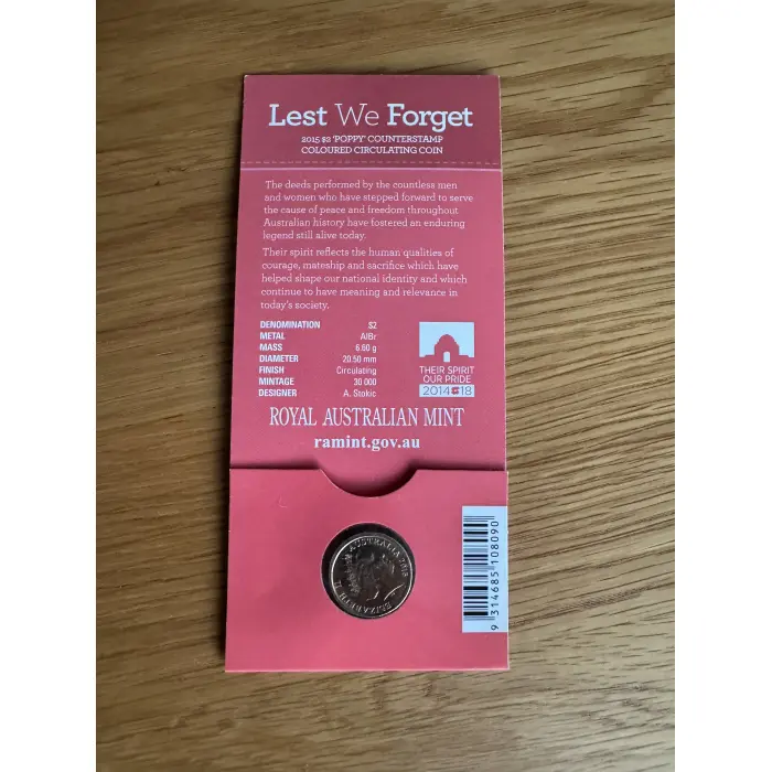 2015 $2 ANZAC COVE POPPY - LEST WE FORGET C MINT CARDED COIN