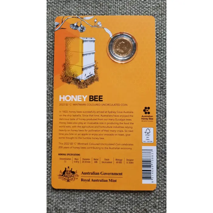 2022 Honey Bee Coloured $2 C Mintmark Carded Coin