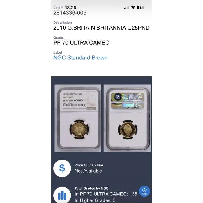 2010 Great Britain “Britannia” 1/4 oz gold proof coin- PCGS PF70 Ultra Cameo