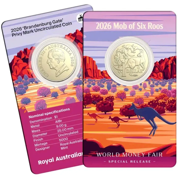  2026 $1 MOB OF SIX ROOS - WORLD MONEY FAIR BRANDENBURG GATE PRIVY MARK 