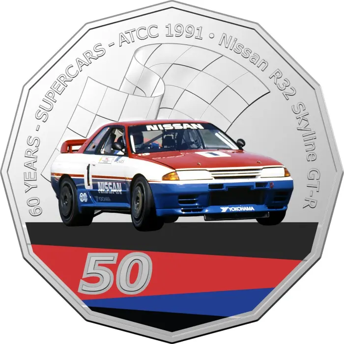2020 50¢ 60 Years of Australian Touring Car Champions Nissan r32 1991 Skyline - 50c Coloured CuNi UNC coin