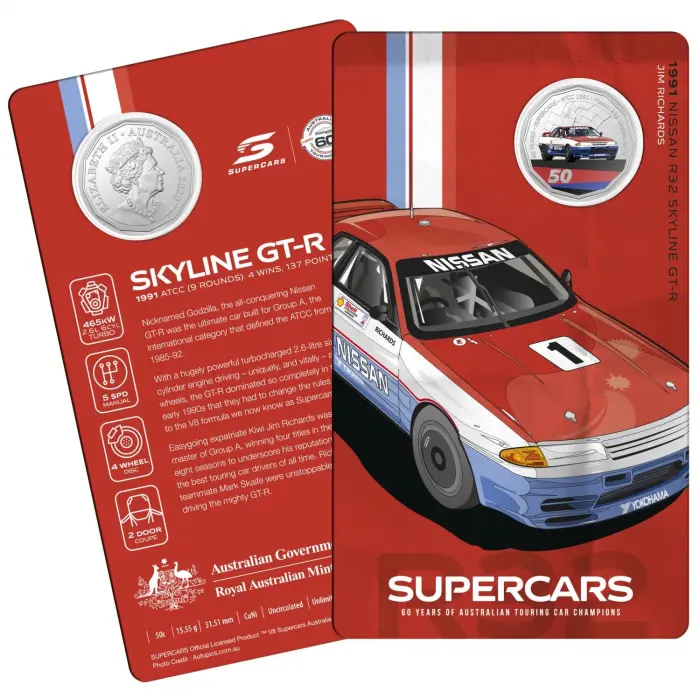 2020 50¢ 60 Years of Australian Touring Car Champions Nissan r32 1991 Skyline - 50c Coloured CuNi UNC coin