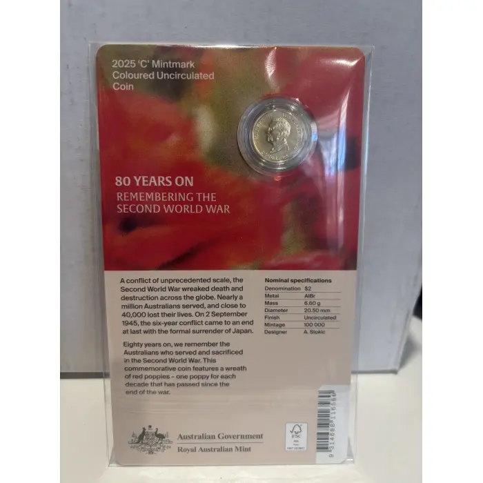 2025 $2 C-Mint Poppy Wreath Coin - Remembering the Second World War 80 Years On
