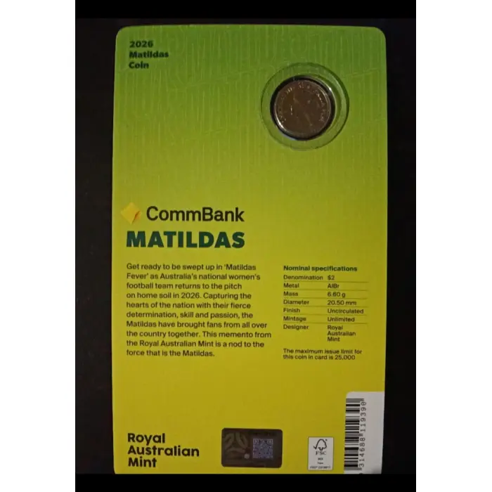 2026 AUSTRALIA $2 COLOURED MATILDAS UNCIRCULATED COIN ON CARD