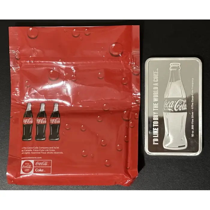 Coca-Cola 10oz 99.9% pure Silver Minted Bar with original packaging.