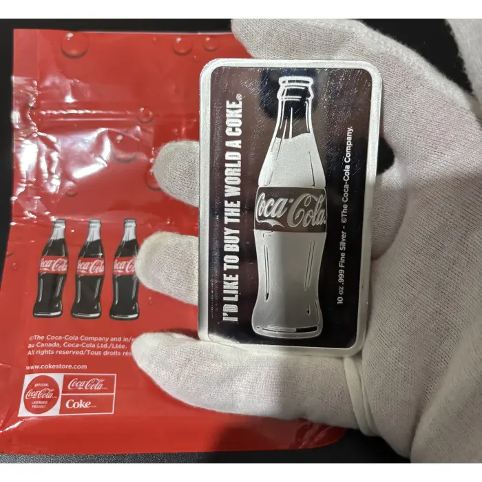 Coca-Cola 10oz 99.9% pure Silver Minted Bar with original packaging.