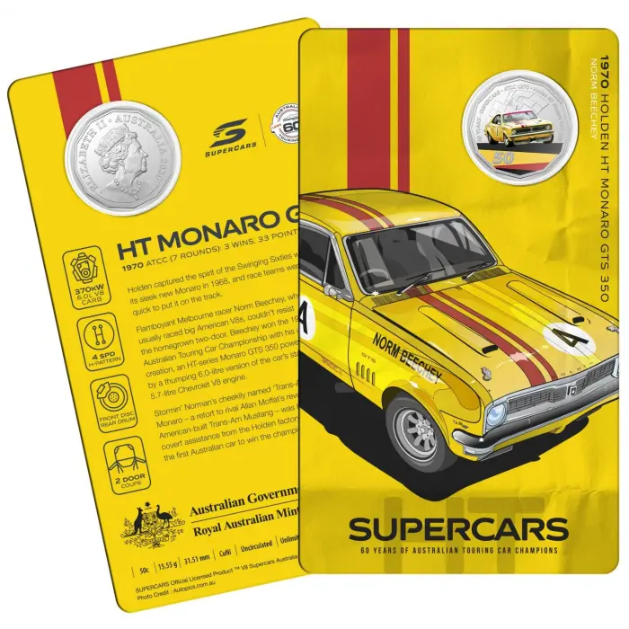 2020 50¢ 60 Years of Australian Touring Car Champions Holden HT Monaro - 50c Coloured CuNi UNC coin