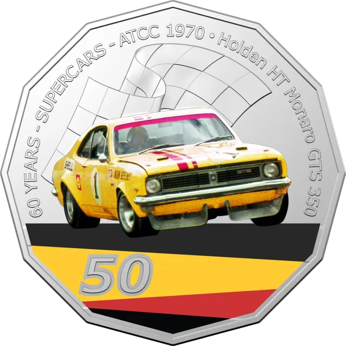2020 50¢ 60 Years of Australian Touring Car Champions Holden HT Monaro - 50c Coloured CuNi UNC coin
