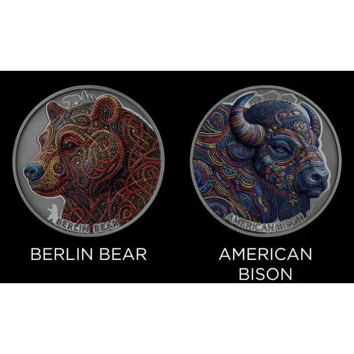 2026 Berlin Bear & 2025American Bison. 2 x 2oz Silver Coloured Coins 