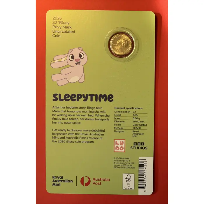2026 $2 Bluey - Sleepytime  “C” Privy Mark Uncirculated Coin