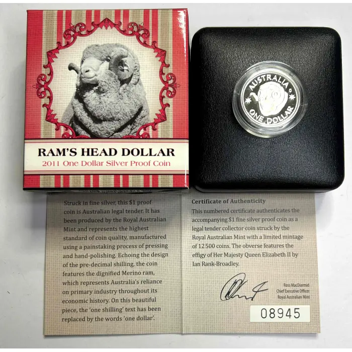 2011 RAM’S HEAD DOLLAR $1 “C” MINTMARK SILVER COIN. (CERTIFICATE # 8945)