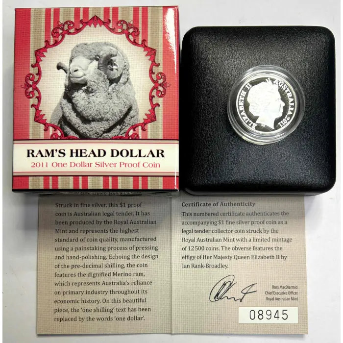 2011 RAM’S HEAD DOLLAR $1 “C” MINTMARK SILVER COIN. (CERTIFICATE # 8945)