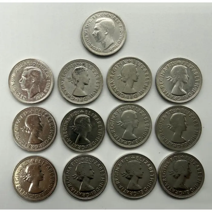 13X 1946-63 Australian Shillings. Includes 46 “dot” and 1952-1963 consecutive 