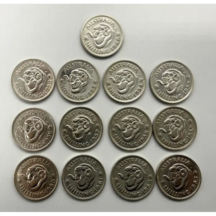 13X 1946-63 Australian Shillings. Includes 46 “dot” and 1952-1963 consecutive 