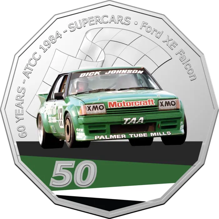 2020 50¢ 60 Years of Australian Touring Car Champions Ford XE Falcon - 50c Coloured CuNi UNC coin