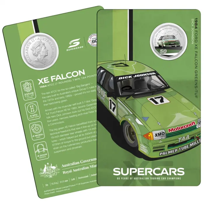 2020 50¢ 60 Years of Australian Touring Car Champions Ford XE Falcon - 50c Coloured CuNi UNC coin