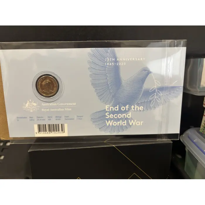 2020 AUSTRALIA 75TH ANNIV END OF SECOND WORLD WAR $2 "C" COLOUR UNC COIN ON CARD