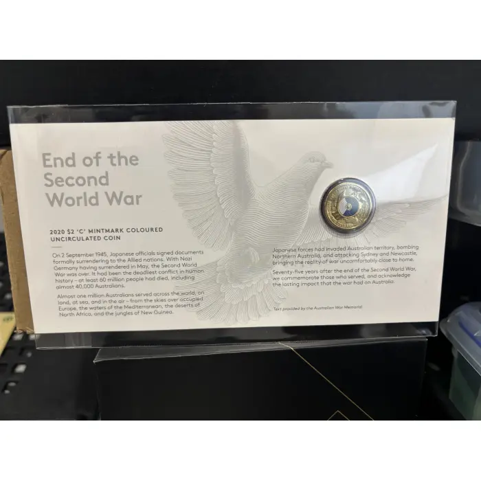 2020 AUSTRALIA 75TH ANNIV END OF SECOND WORLD WAR $2 "C" COLOUR UNC COIN ON CARD